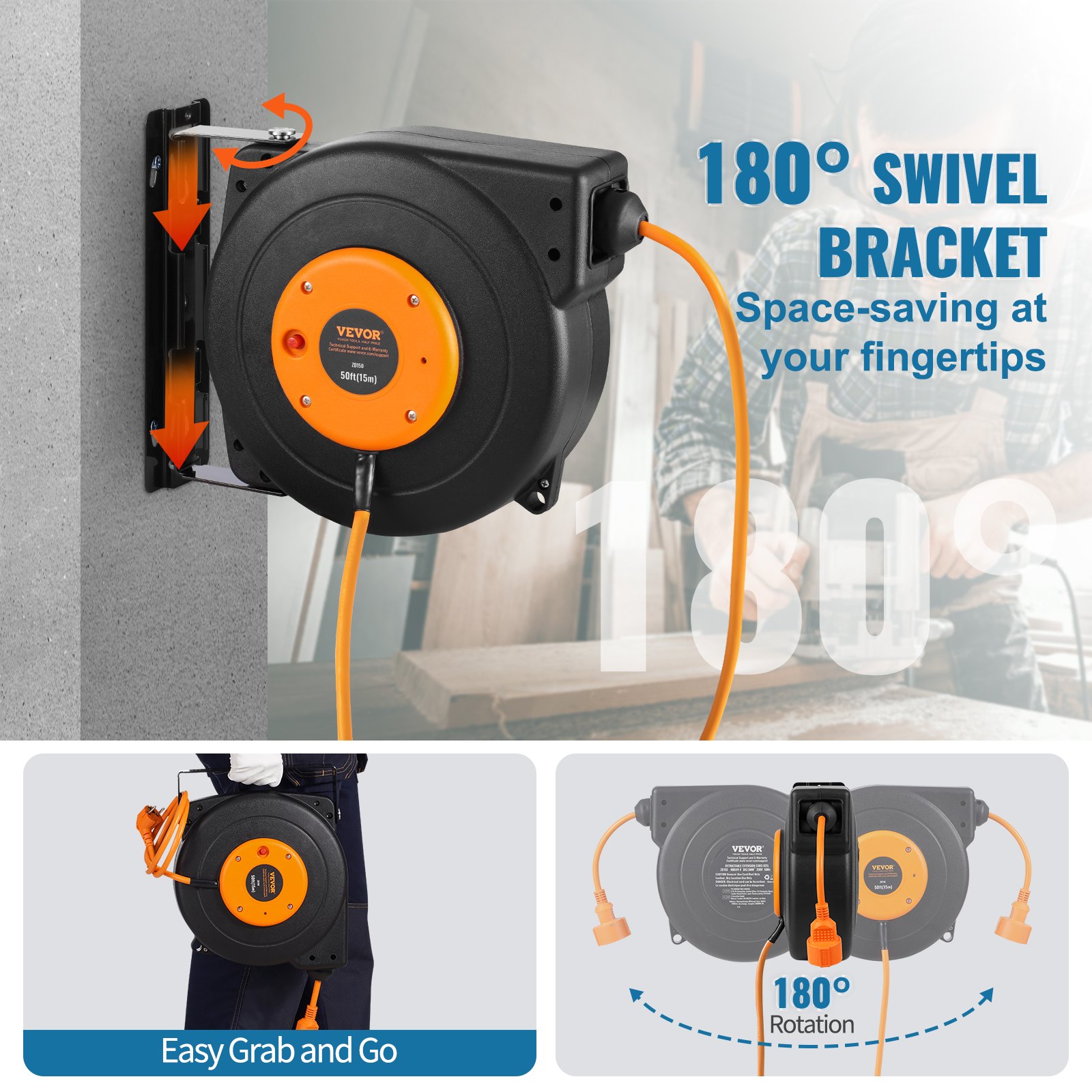 VEVOR Retractable Extension Cord Reel, 49.21 ft/15 m, 1600W Heavy Duty ...