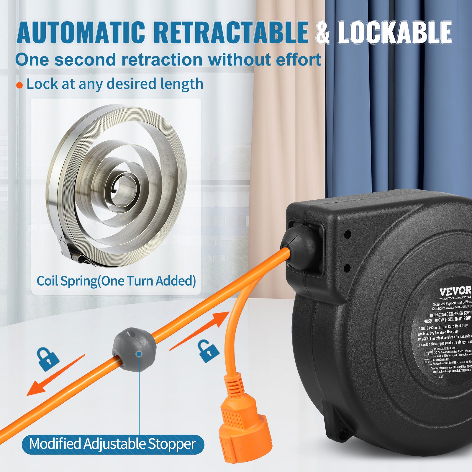 VEVOR Retractable Extension Cord Reel, 49.21 ft/15 m, 1000W Heavy Duty ...