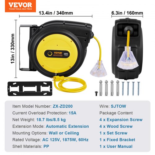 VEVOR Heavy-Duty Extension Cord Reel: 65 Ft, 3-outlet Socket