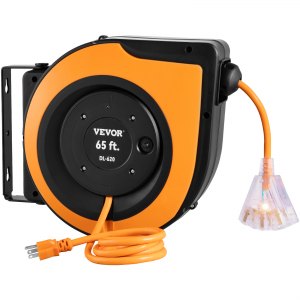 VEVOR Retractable Extension Cord Reel, 65 FT, Heavy Duty 12AWG/3C SJTOW  Power Cord, with Lighted Triple Tap Outlet, 15 Amp Circuit Breaker, 180°  Swivel Bracket for Ceiling or Wall Mount, UL Listed