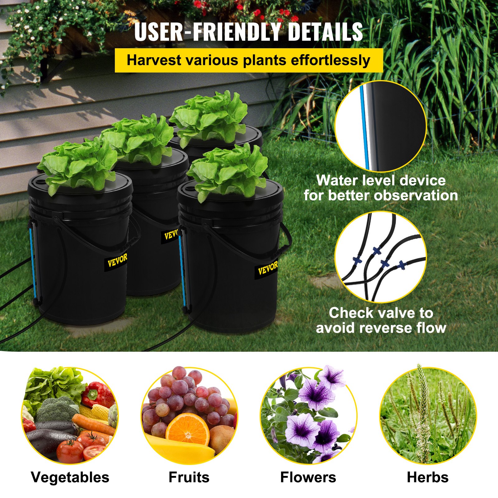 VEVOR DWC Hydroponic System, 5 Gallon 4 Buckets, Deep Water Culture