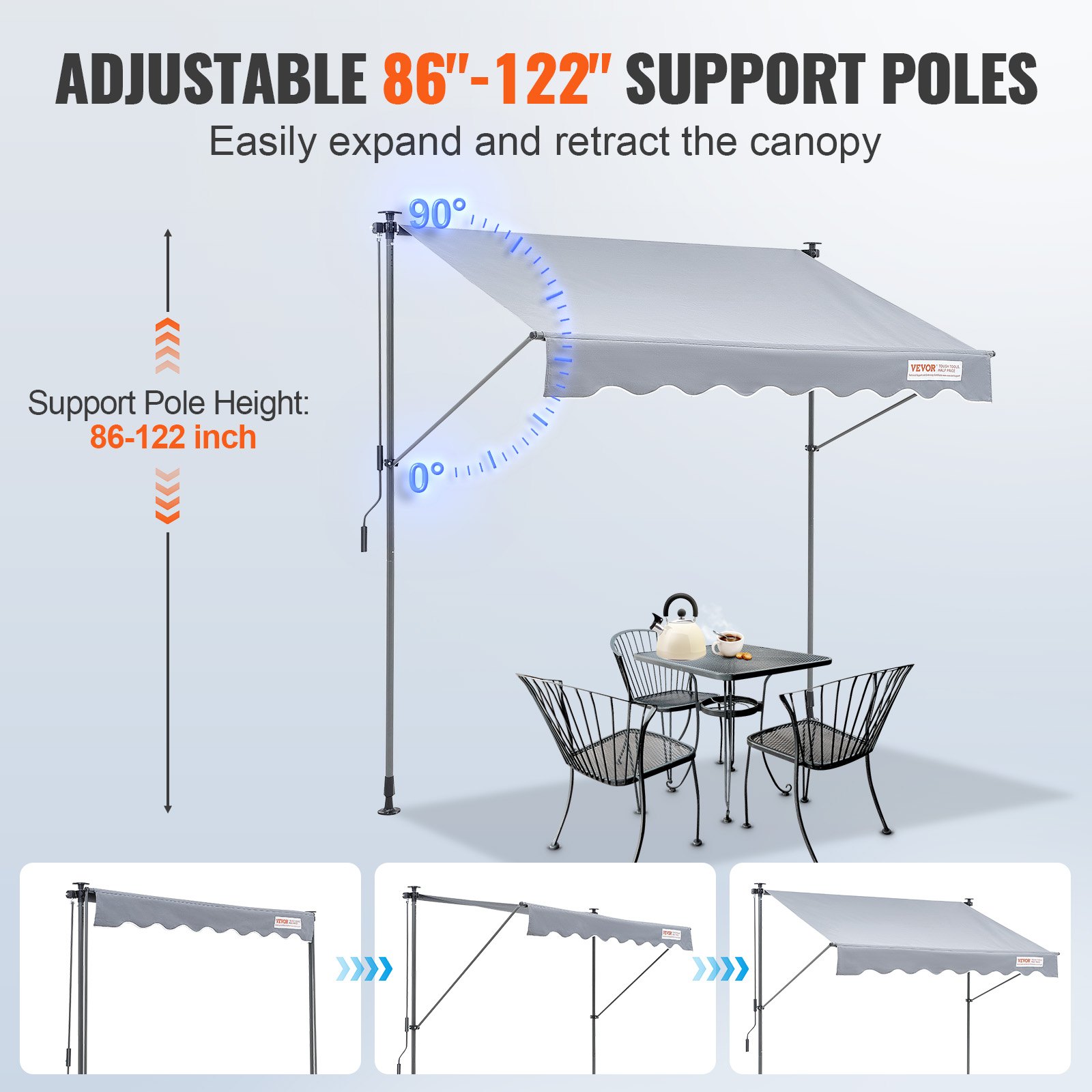 VEVOR Manual Retractable Awning, 118" Outdoor Retractable Patio Awning ...