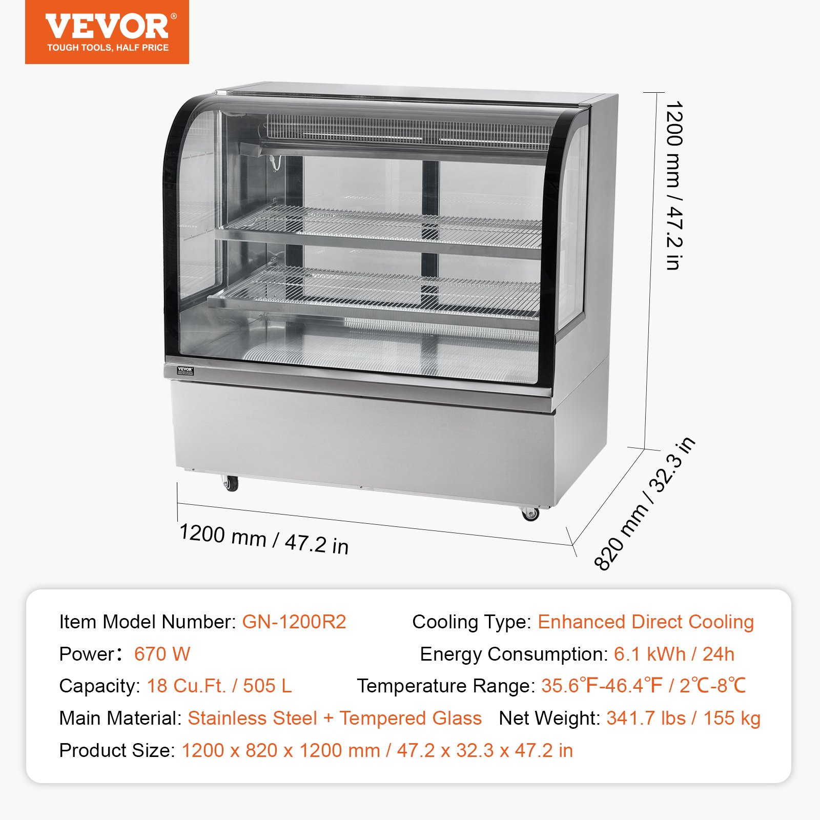 Fridge Casing VEVOR Refrigerated Display Case Bakery Display Fridge Case 18 cu ft ...