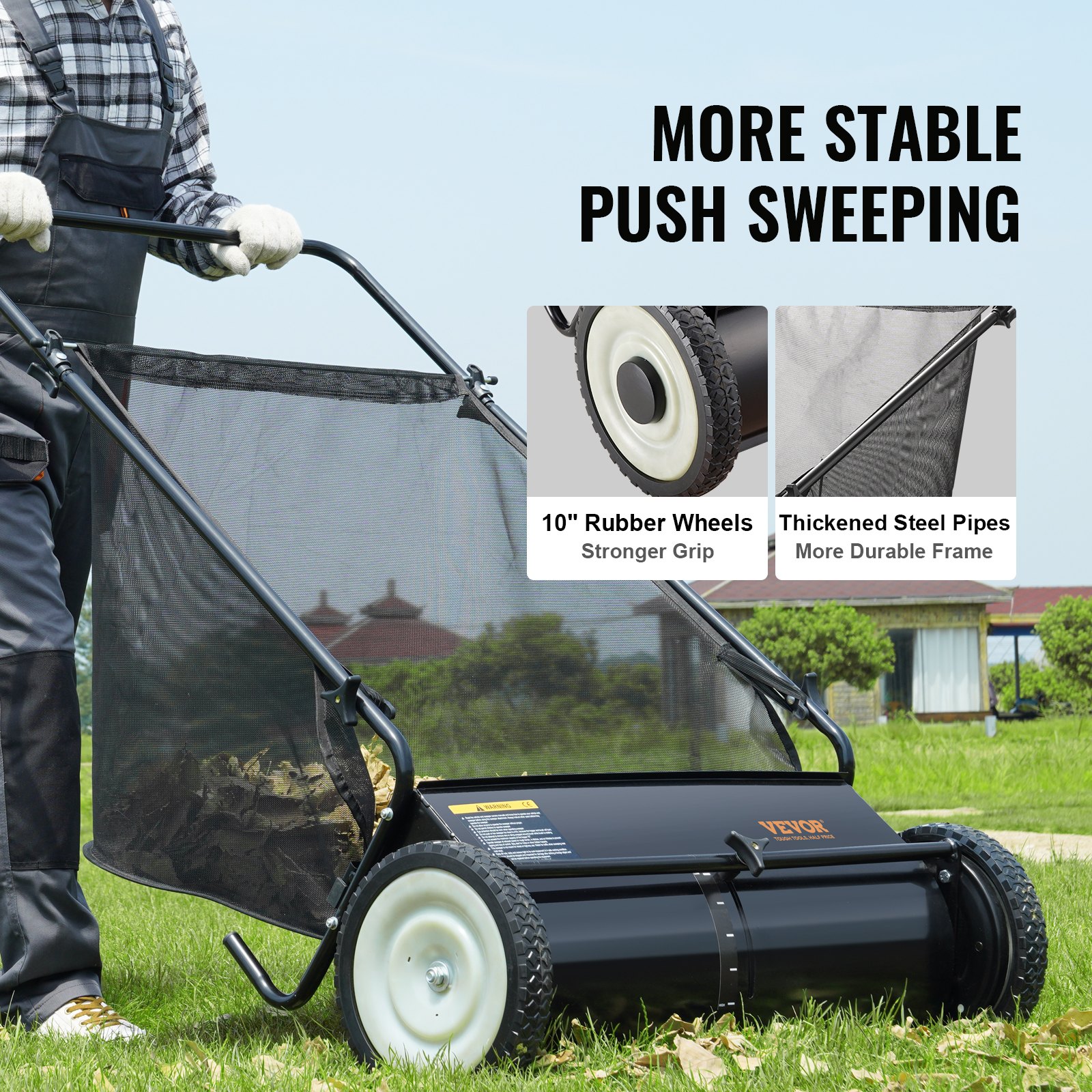 VEVOR Push Lawn Sweeper, 26 Inch Leaf & Grass Collector, Strong Rubber
