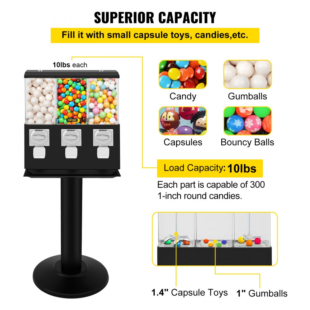 VEVOR Triple Head Candy Vending Machine, 1-inch Gumball Vending Machine ...