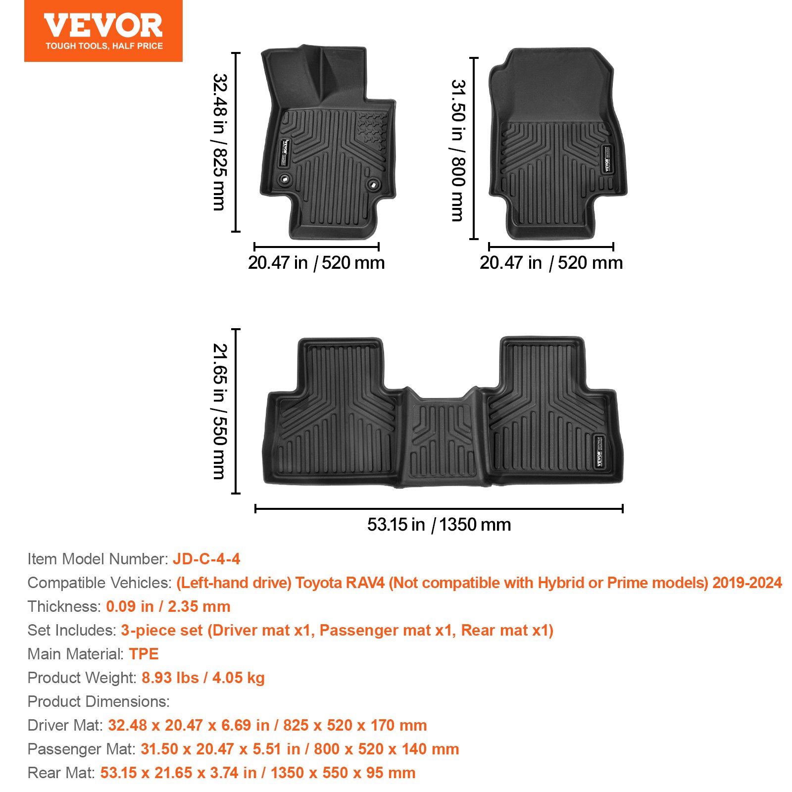 VEVOR Automotive Floor Mats, Fits for Toyota RAV4 (Not for Hybrid or ...