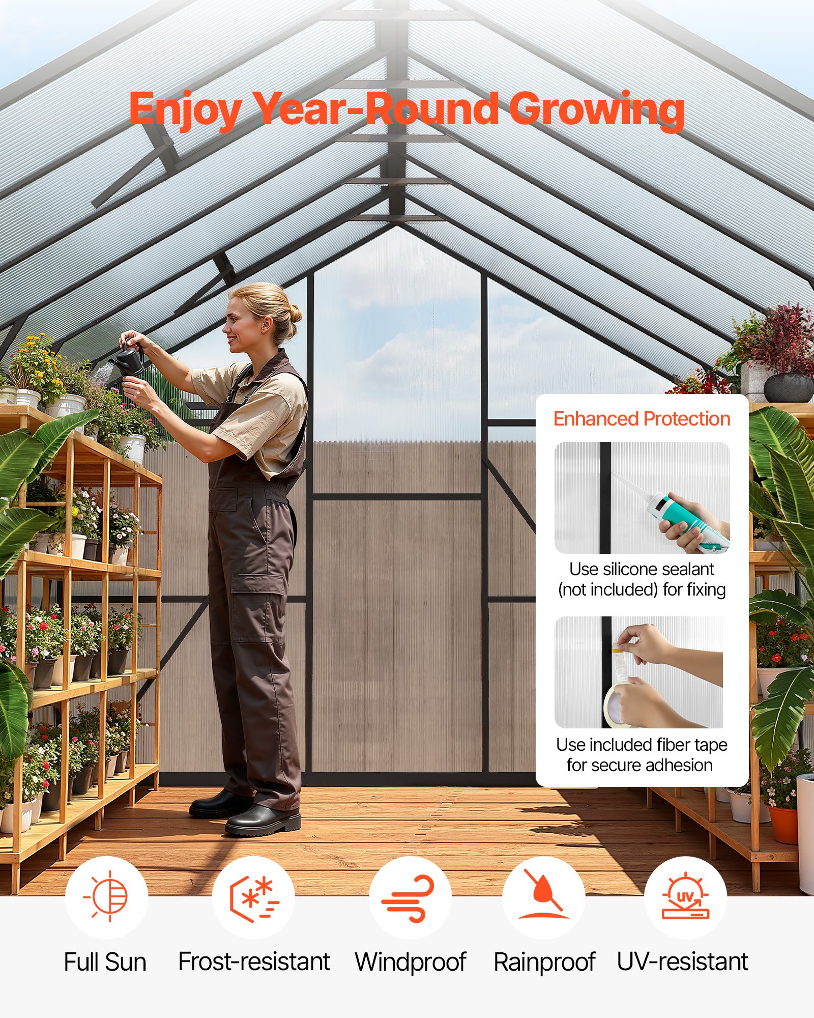 VEVOR 8 x 14 Greenhouse – 4mm Panels, Supports 5.12 lbs/ft²