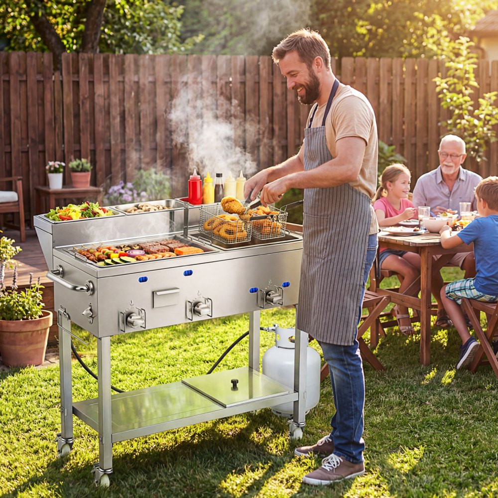 VEVOR Outdoor Propane Fryer & Griddle Combo, 3 Burners (11,600 BTU Each ...