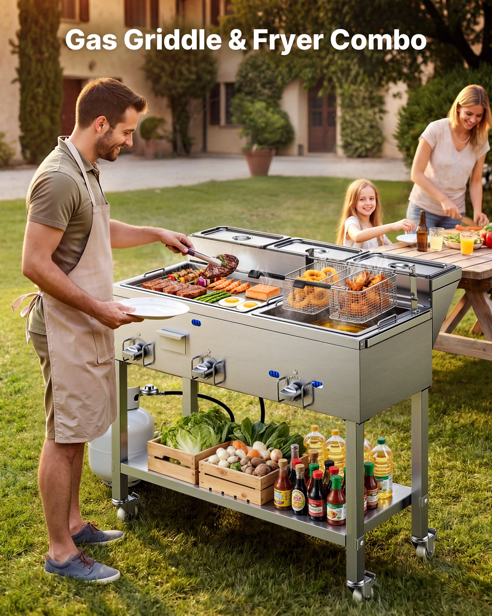 VEVOR Outdoor Propane Fryer & Griddle Combo, 3 Burners (11,600 BTU Each ...