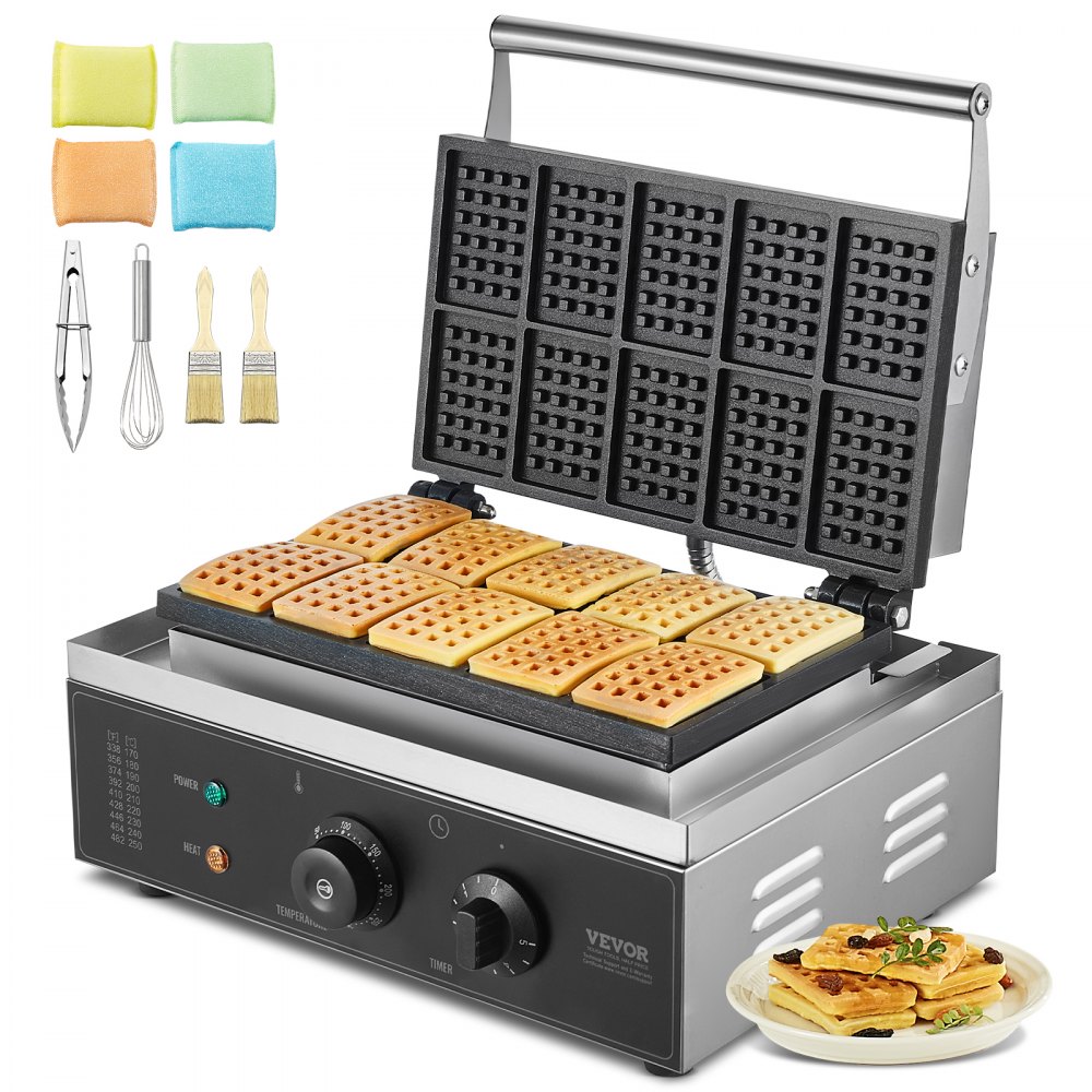Waffle Generator VEVOR 10PCS Commercial Waffle Maker Rectangle Waffle Baker Machine ...