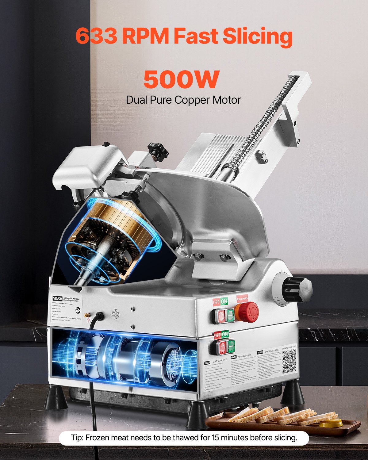 VEVOR Personal Deli Slicer – 500W, 10 Inch Blade, 633 RPM