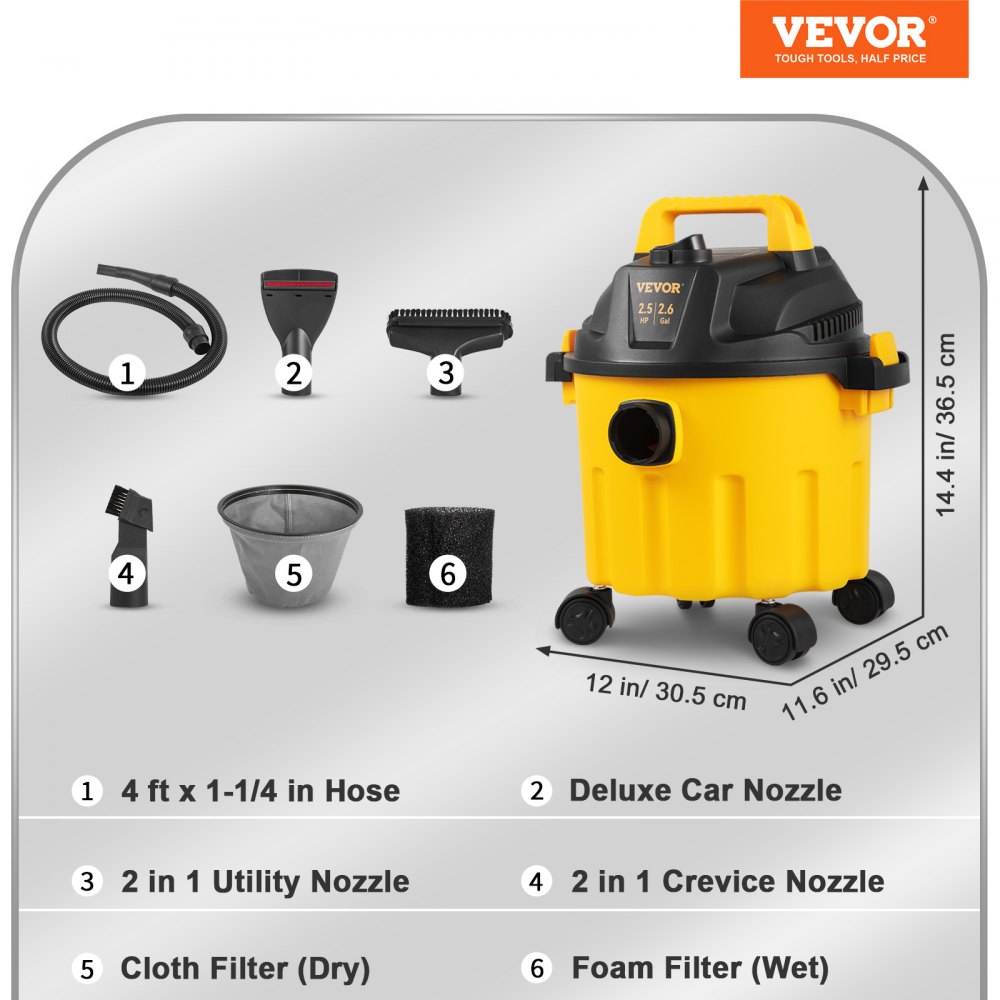 VEVOR Wet Dry Vac, 2.6 Gallon, 2.5 Peak HP, 3 in 1 Shop Vacuum with