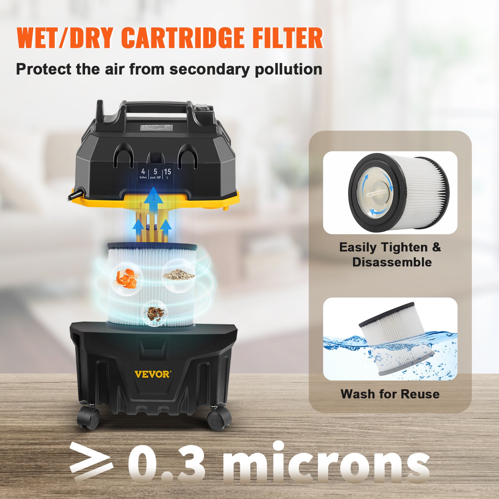 VEVOR Wet Dry Vac, 4 Gallon, 5 Peak HP, 3 in 1 Shop Vacuum with Blowing