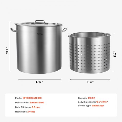VEVOR 100 QT Stainless Pot – 94.6 L capacity, 0.8 mm Bottom