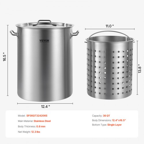 VEVOR Stainless Steel Stockpot – 36 QT / 34 L Large Capacity