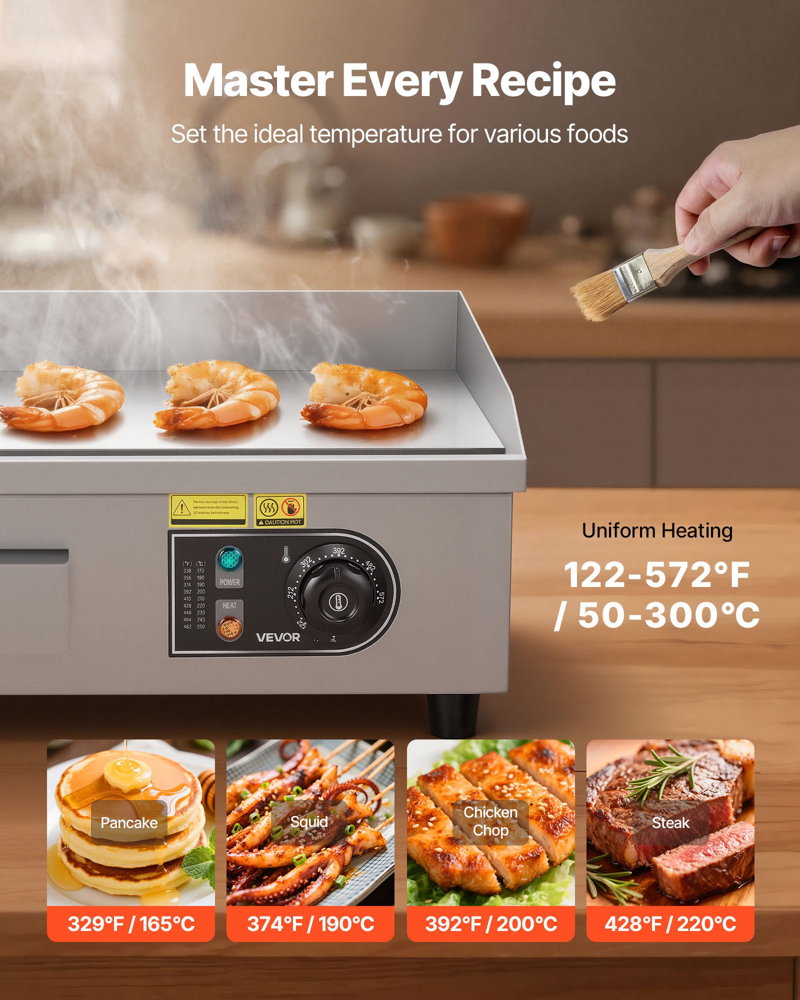 VEVOR Commercial Electric Griddle, 17.72 x 11.81 inch, 1750W, 122-570°F ...