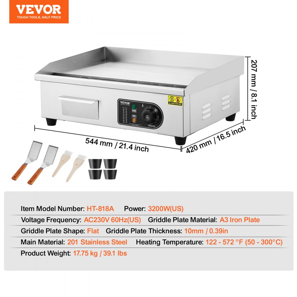 VEVOR Commercial Electric Griddle 22" - 3200W, Stainless Steel, 122°F To 572°F, For Restaurant Or Home