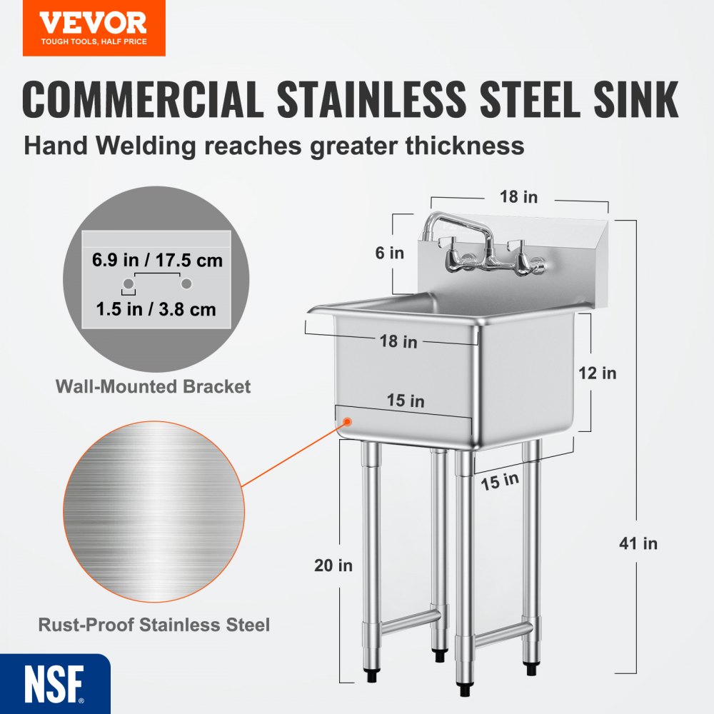VEVOR Stainless Steel Prep & Utility Sink, 1 Compartment Free Standing ...