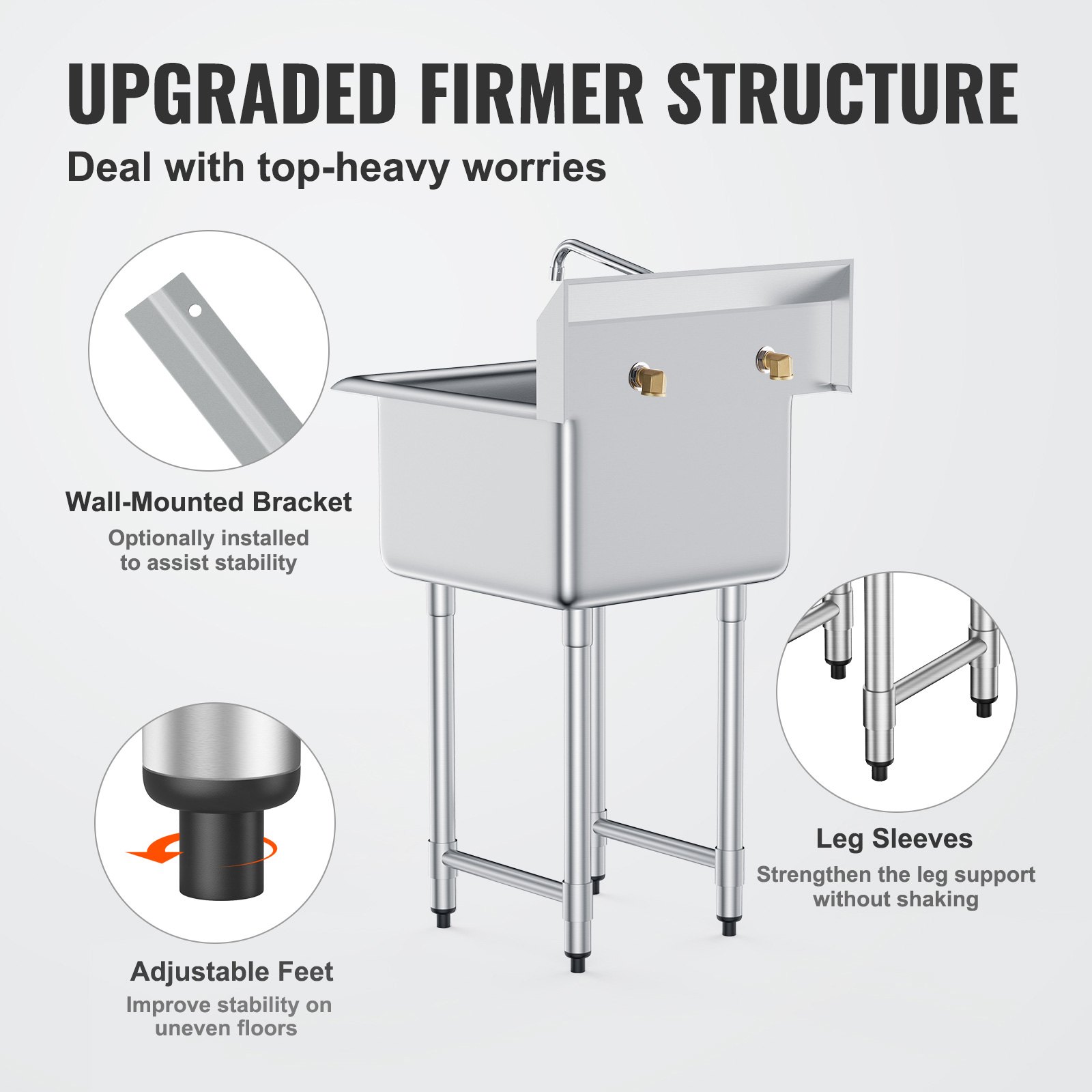 Stainless Steel 3-Compartment Sink – 39"W X 18"D X 35.8"H – Freestanding Commercial Utility Sink With Drain Pipes & Adjustable Feet – For Indoor/Outdoor Use