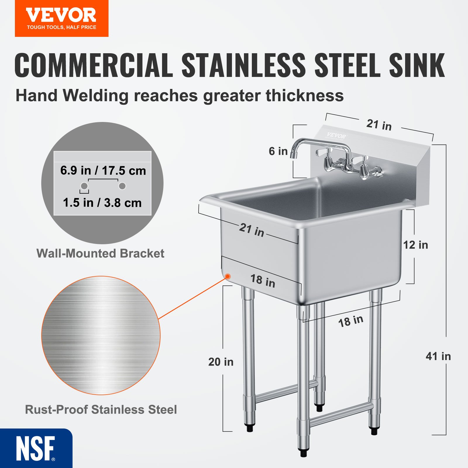 VEVOR Stainless Steel Prep & Utility Sink, 1 Compartment Free Standing