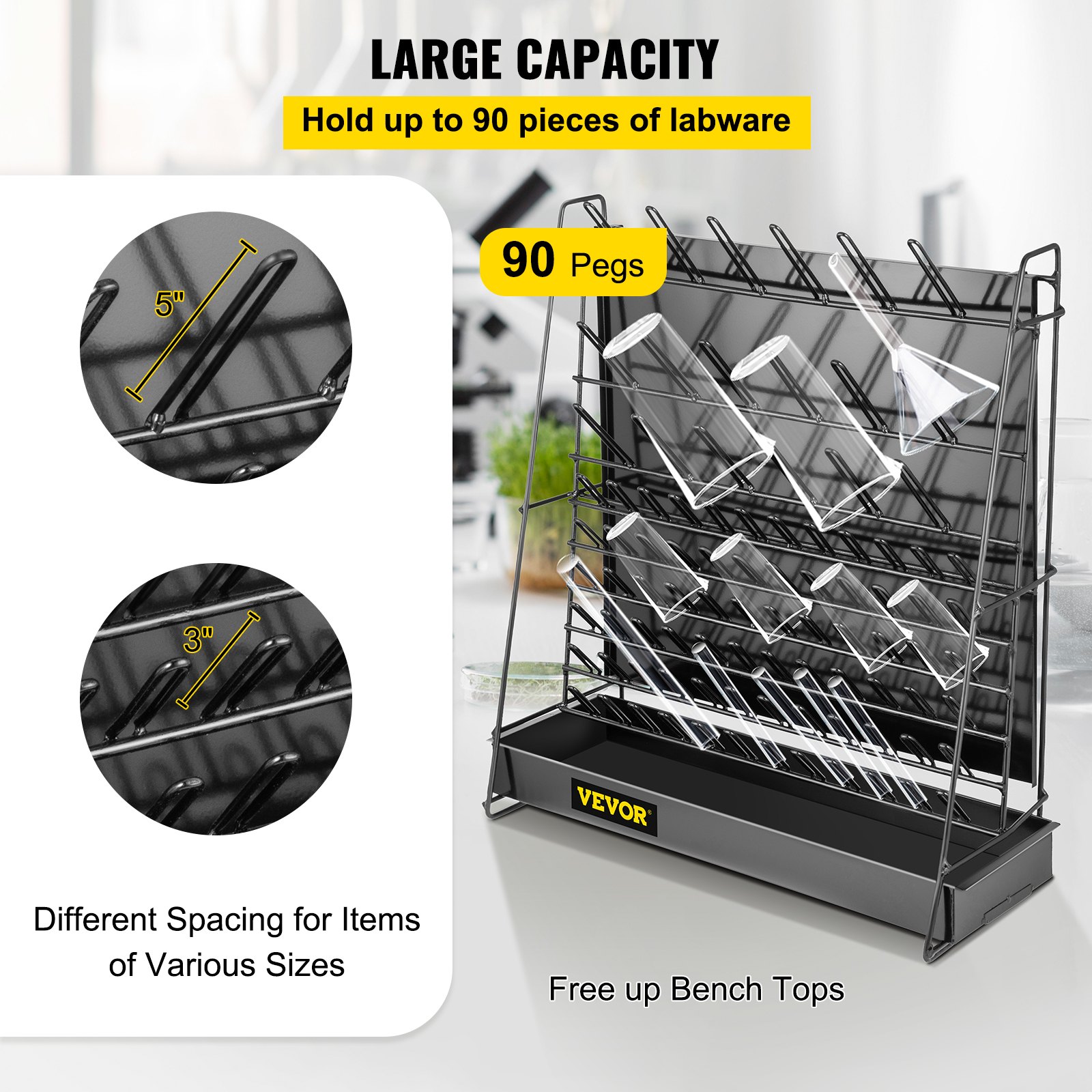 VEVOR Drying Rack for Lab, 90 Pegs Lab Glassware Rack Steel Wire ...