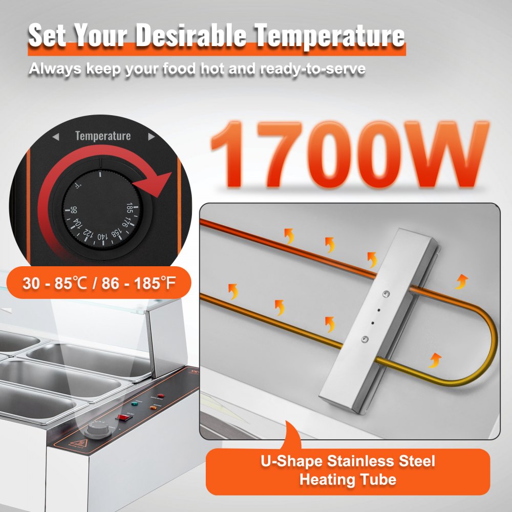 Ohřívač jídla VEVOR na 12 pánví, elektrický parní stůl 12 x 5QT se skleněným krytem, ​​pracovní deska z nerezové oceli, 1700W, vodní lázeň s regulací teploty 86-185 °F, pro catering, restaurace, stříbrný - miniatura 3
