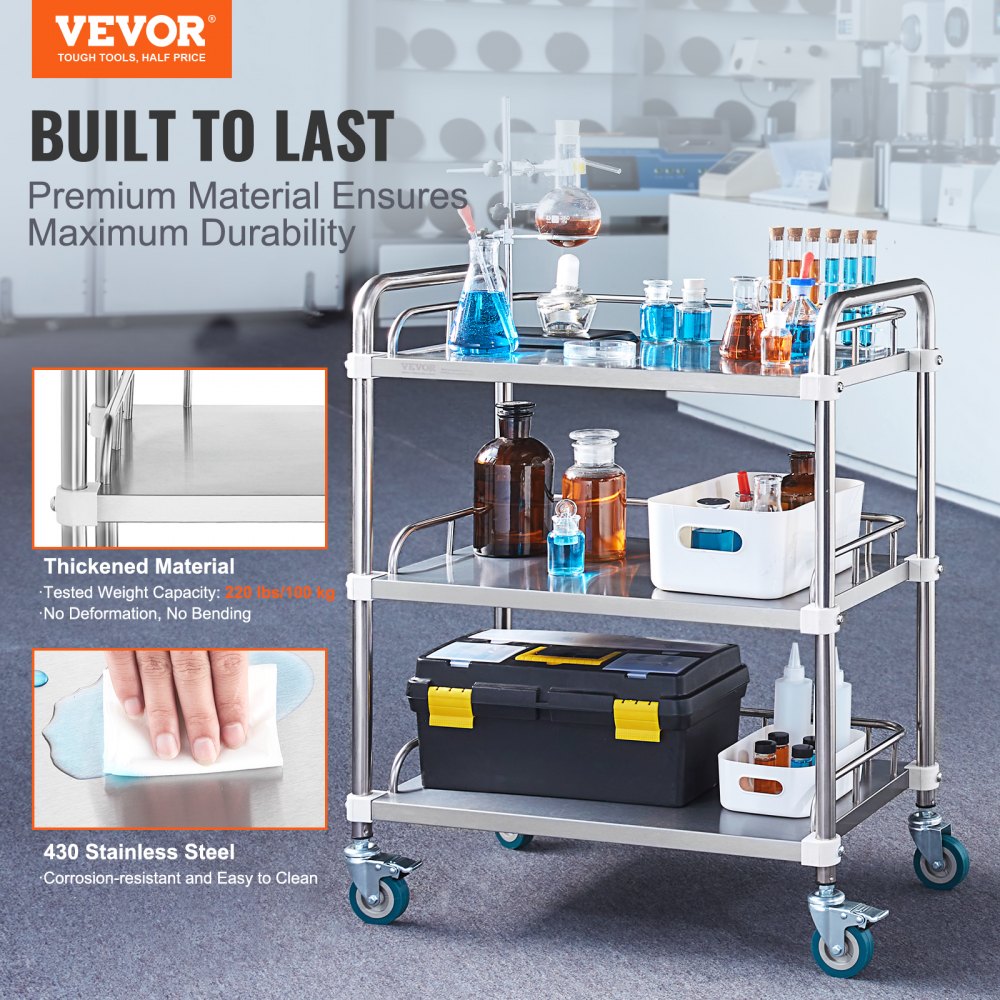 VEVOR Lab Rolling Cart, 3-Shelf Stainless Steel Rolling Cart, Lab ...