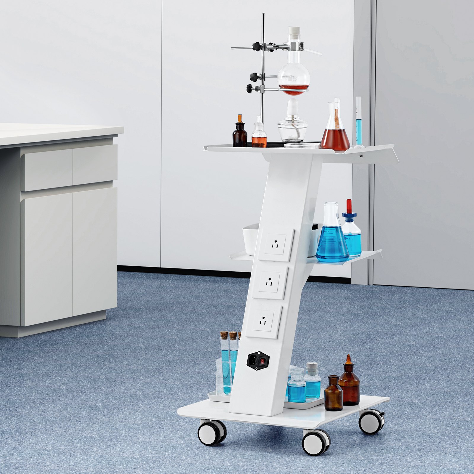 VEVOR Lab Trolley, Rolling Lab Cart with Built-in Socket, 3-Layer Metal ...