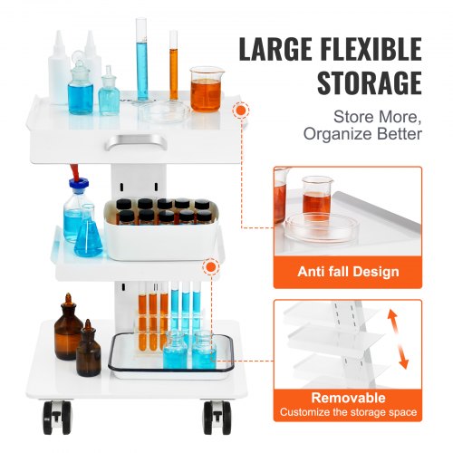 VEVOR Lab Trolley, 3-Layer Rolling Lab Cart, Metal Mobile Trolley with ...