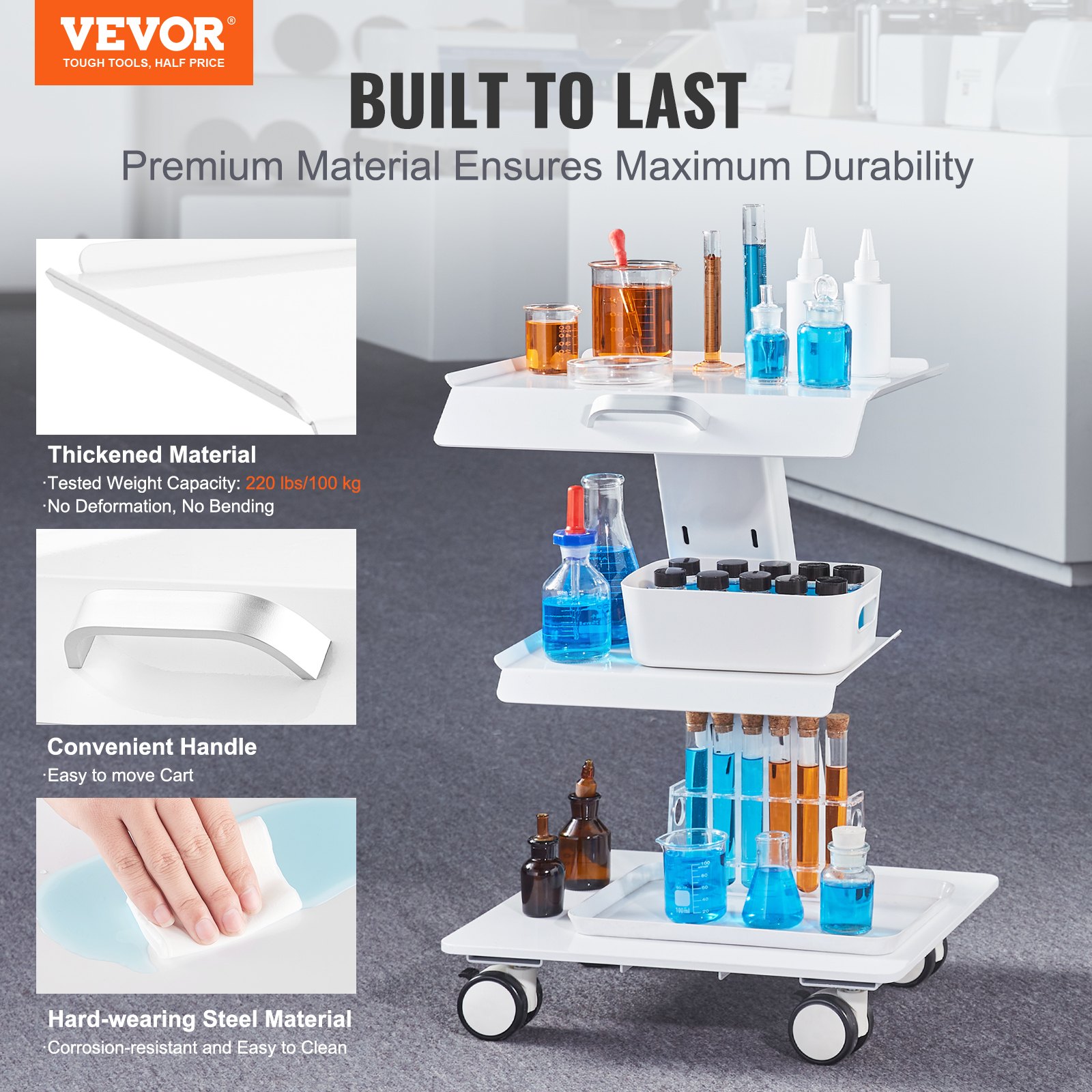 Lab Cart Inserts VEVOR Lab Rolling Cart 3-Layer Steel Lab Serving Cart with Wheels 220lb ...