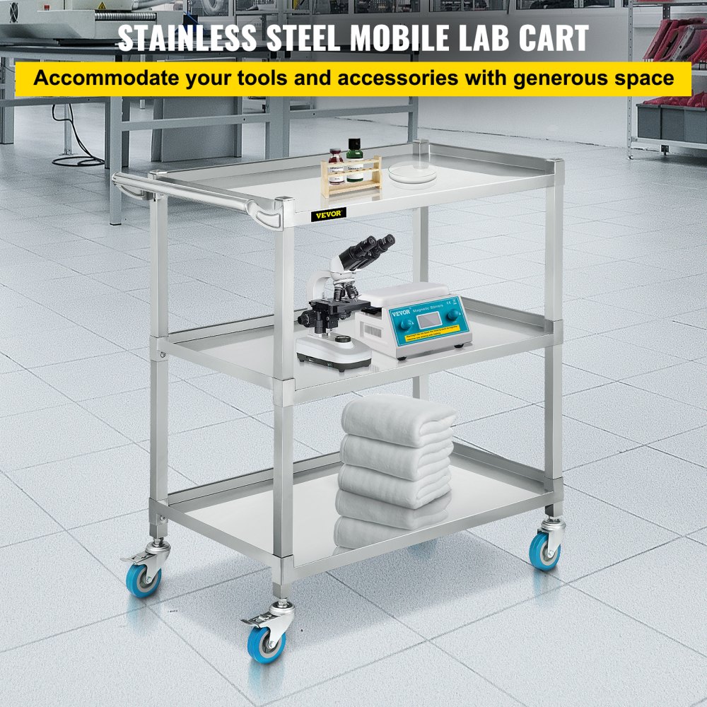 VEVOR Lab Utility Cart, 500 lbs Weight Capacity Rolling Lab Cart, 3 Shelves  Mobile Clinic Cart, Sturdy Stainless Steel Frame Lab Trolley, 360° Silent 