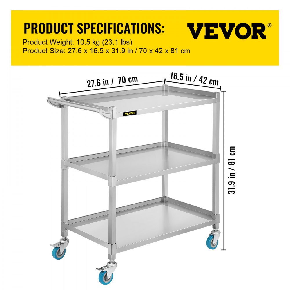 VEVOR Lab Utility Cart, 500 lbs Weight Capacity Rolling Lab Cart, 3 Shelves Mobile Clinic Cart
