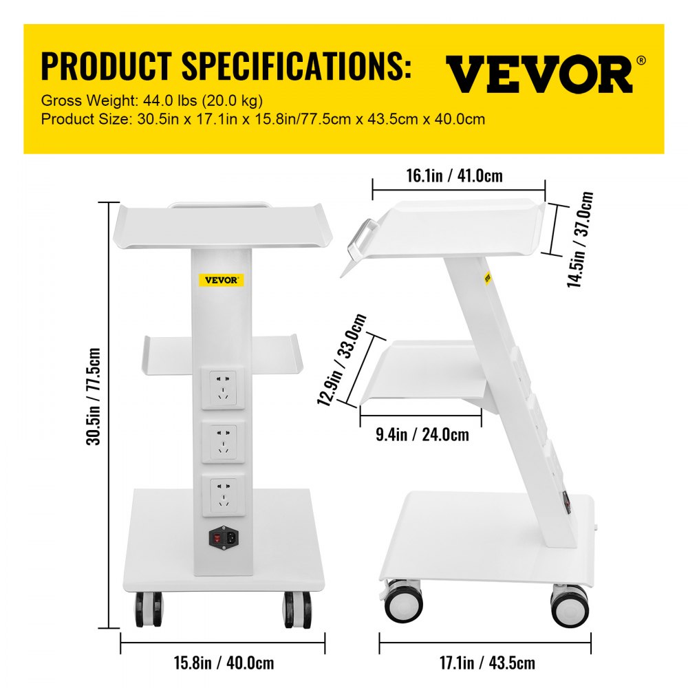 VEVOR Lab Trolley, Builtin Socket Rolling Lab Cart, 3 Layers Tray