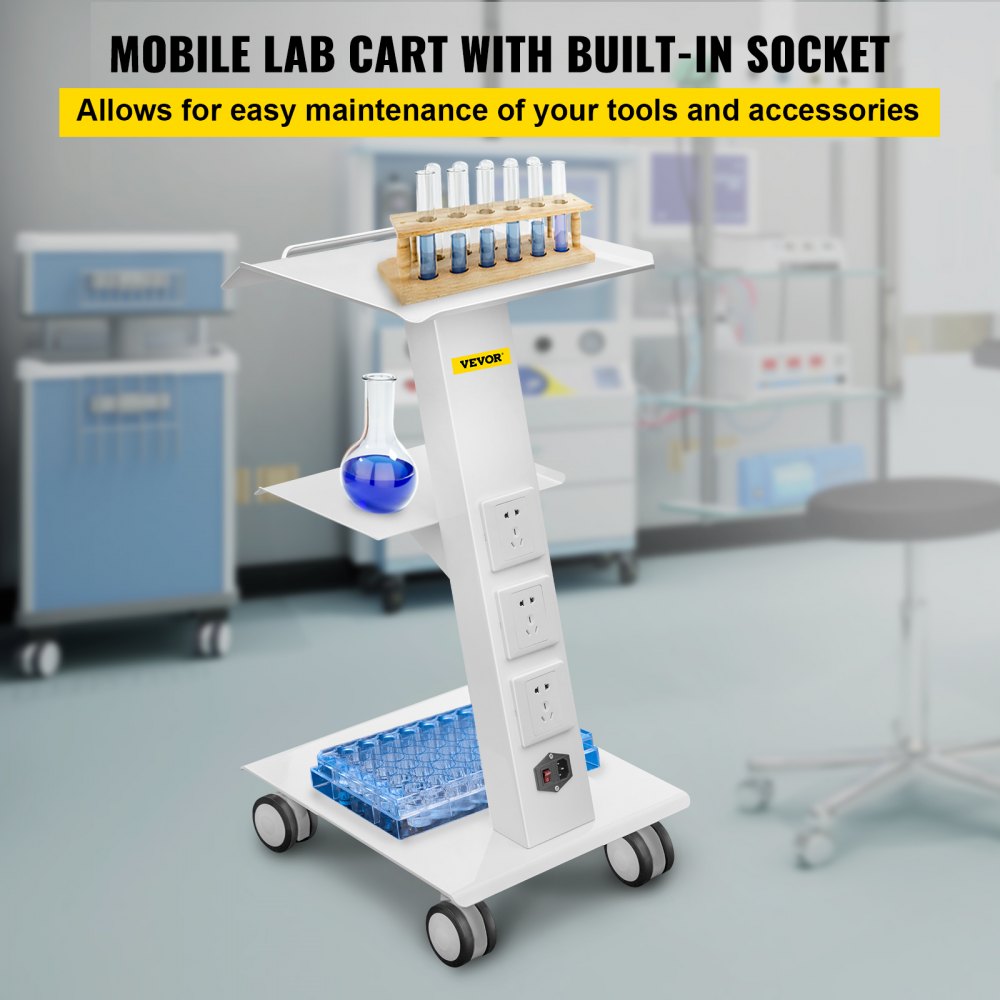 VEVOR Lab Trolley, Built-in Socket Rolling Lab Cart, 3 Layers Tray