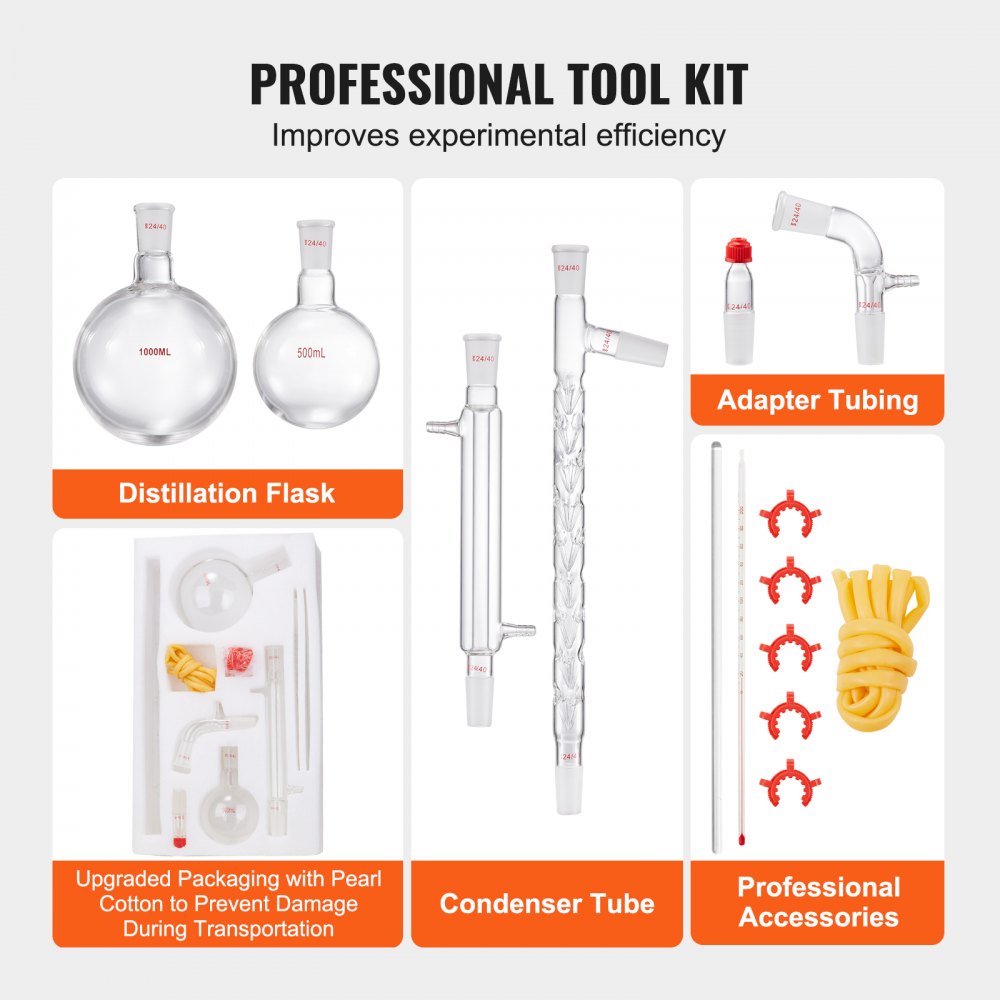Simple Lab Distillation Kit VEVOR Lab Distillation Kit, 3.3 Boro Lab Glassware Distillation Kit ...