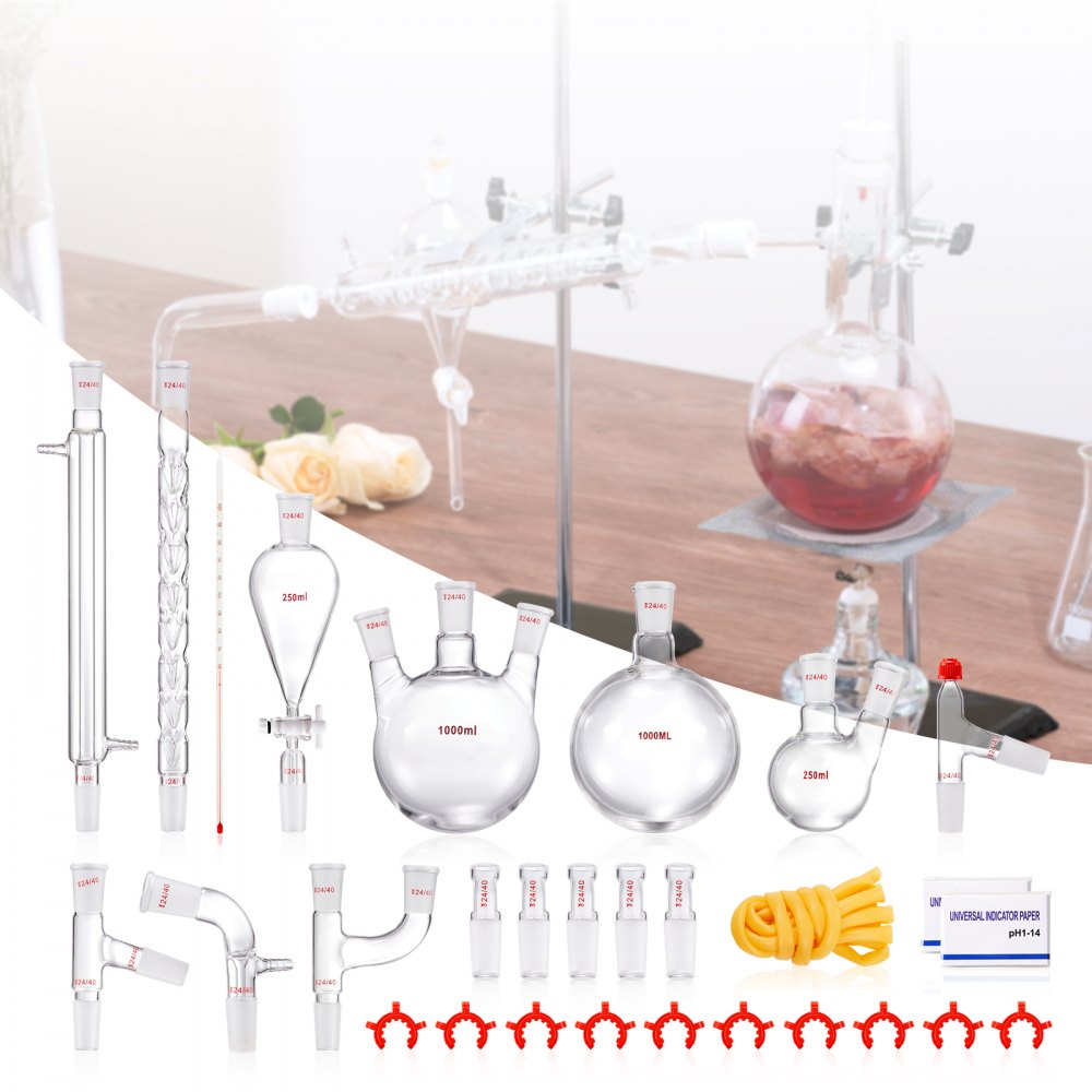 Sada pro destilaci VEVOR Laboratory, 3.3 Boro Lab Glass Destilation Kit s 24 a 40 spoji, 1000ml aparatura pro destilaci esenciálních olejů, 29dílná sada skleněného vybavení - miniatura 8