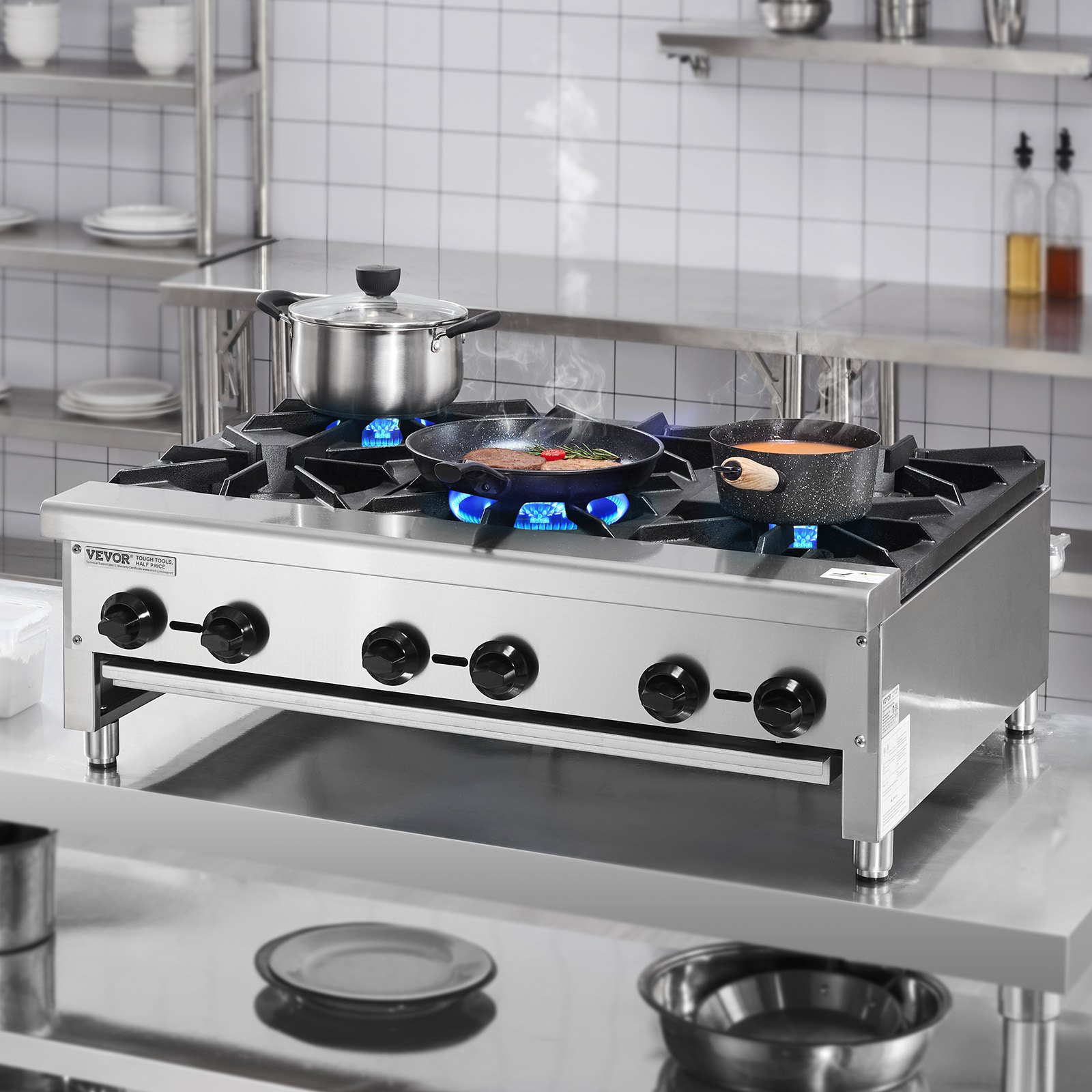 VEVOR Commercial Gas Stove with 6 Burners, Propane and Natural Gas ...