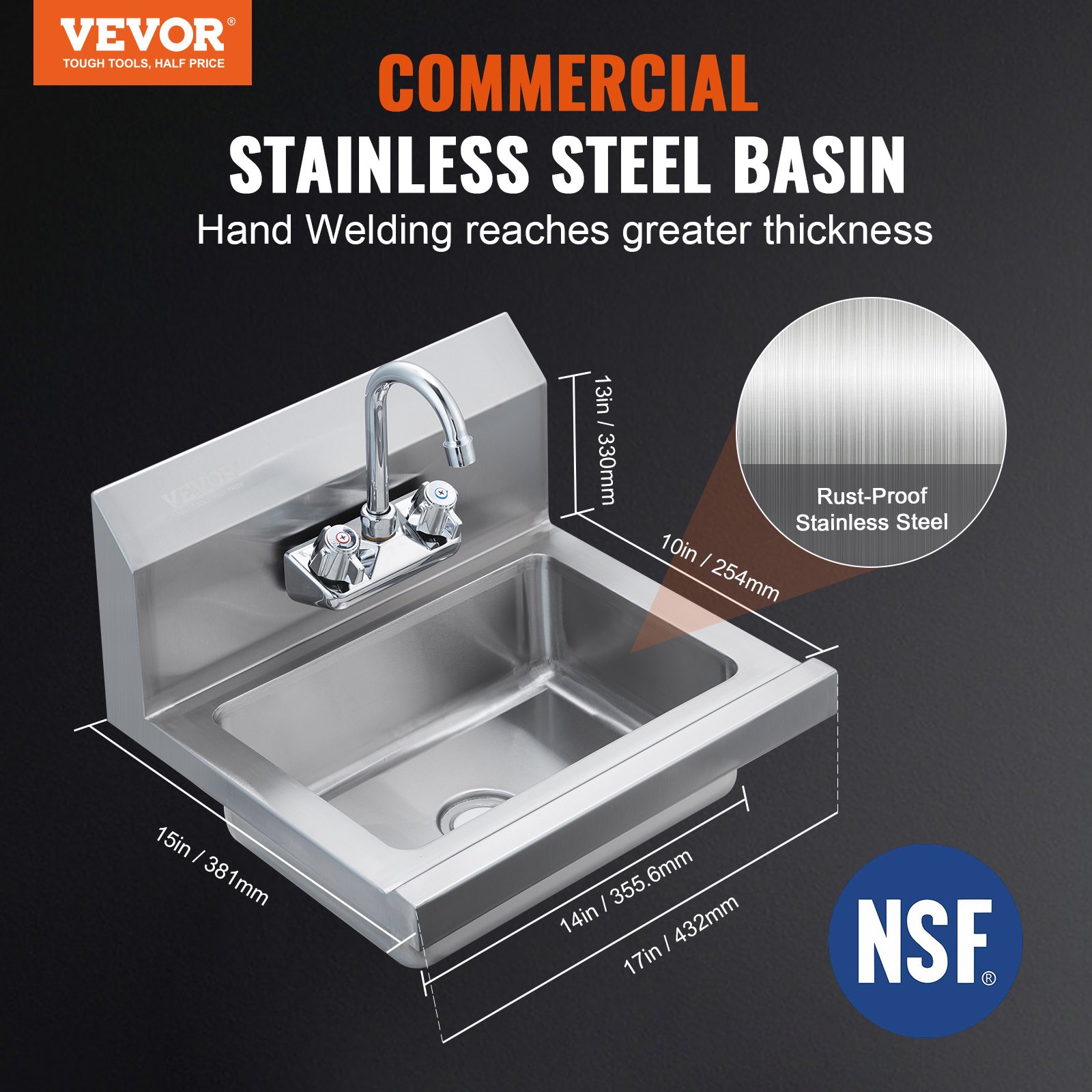 VEVOR Commercial Hand Sink with Faucet, NSF Stainless Steel Sink for