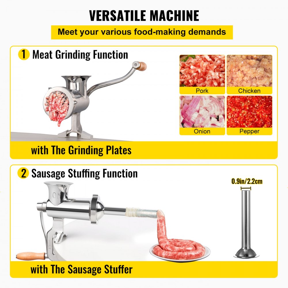 VEVOR Manual Meat Grinder, All Parts Stainless Steel, Hand Operated ...