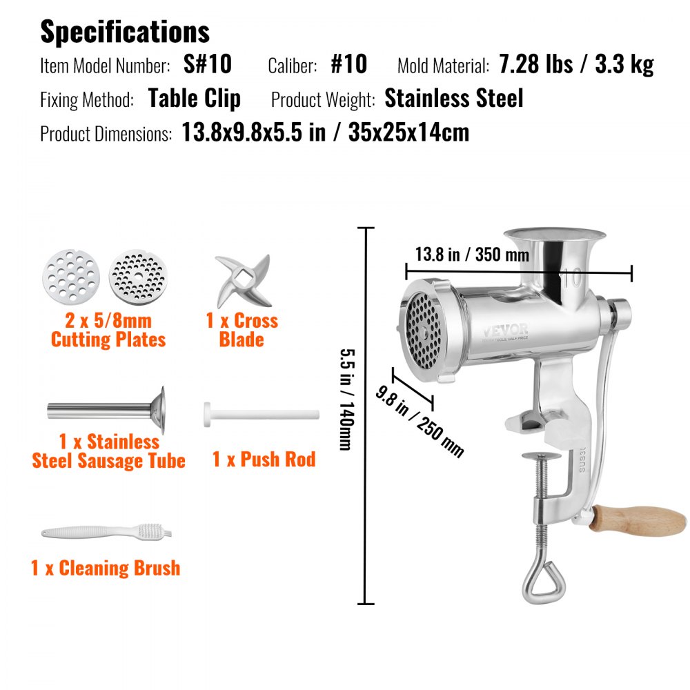 VEVOR Manual Meat Grinder, All Parts Stainless Steel, Hand Operated ...