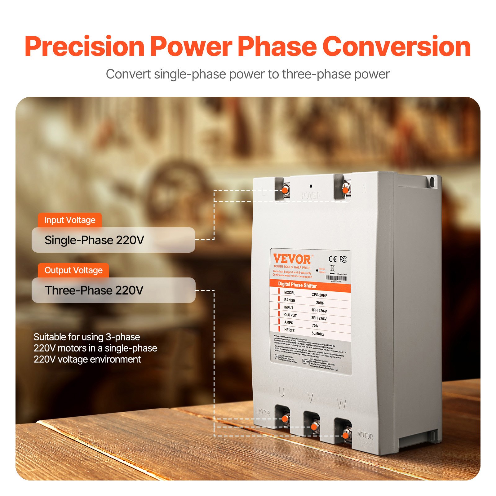 VEVOR Single Phase to 3 Phase Converter – 20HP, 70A, 220V