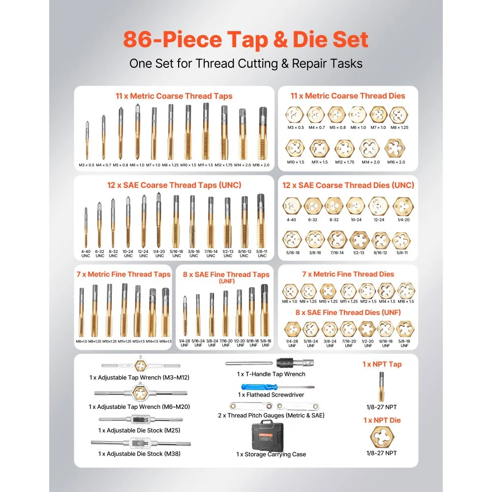 VEVOR Metric Tap and Die Set – 86-Piece, M3–M12, Metric