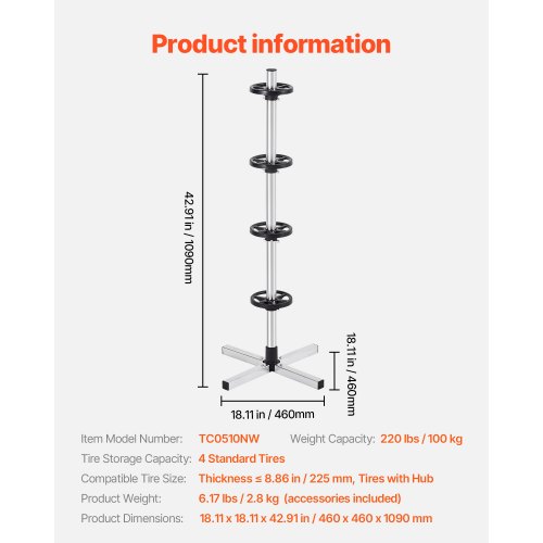 Tire Rack for 4 Tires with Rim Tyre Stand Holder Fit up to 225mm Wide ...