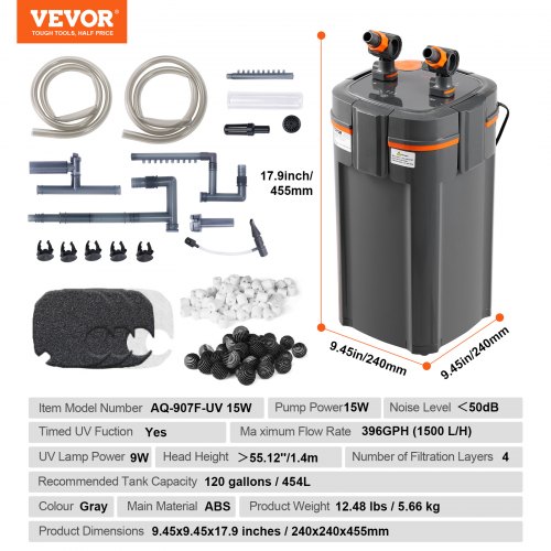 VEVOR Aquarium Filter 396GPH, 4-Stage Canister Filter 120 Gallon