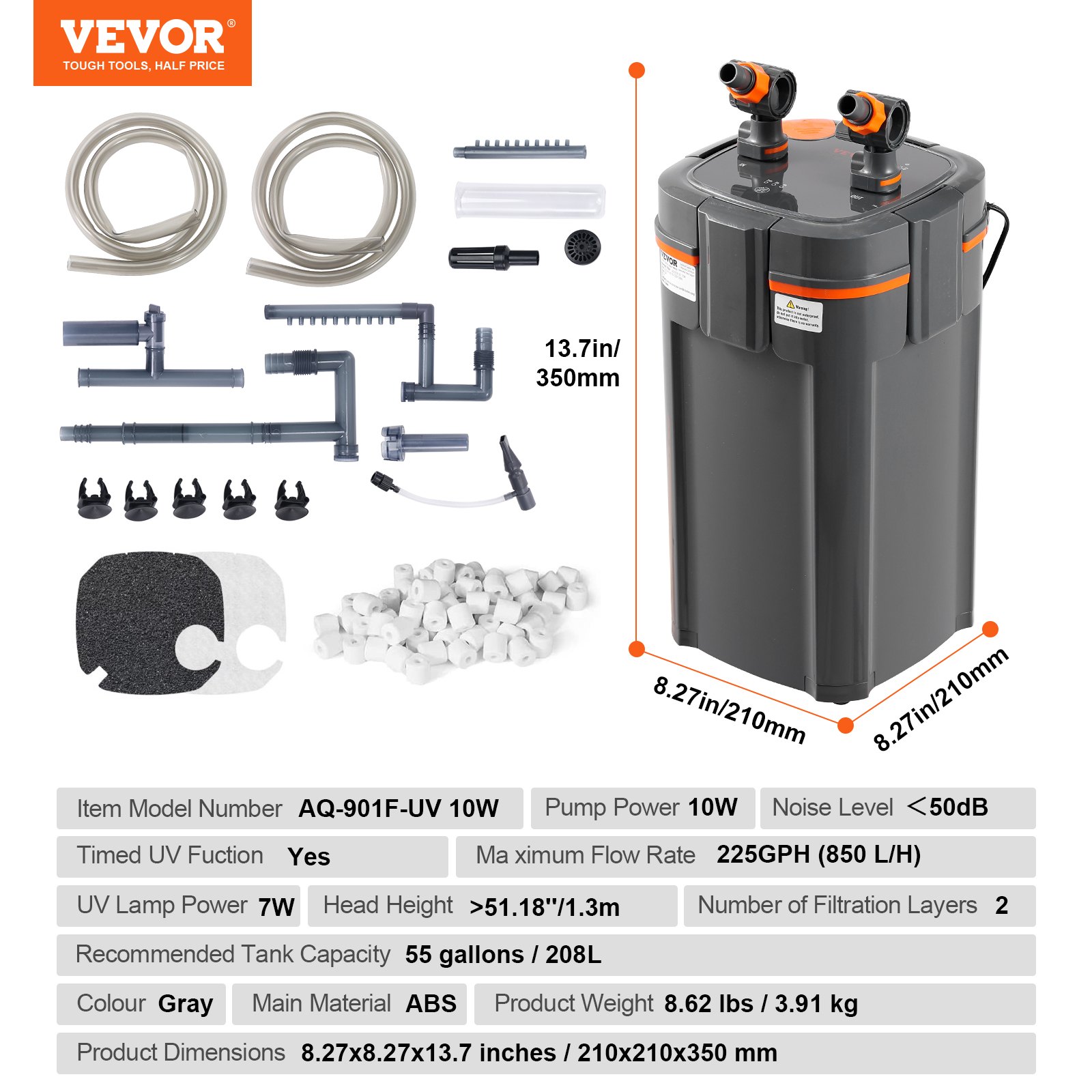 Picture of VEVOR Aquarium Filter 225GPH, 2-Stage Canister Filter 55 Gallon, Ultra ...