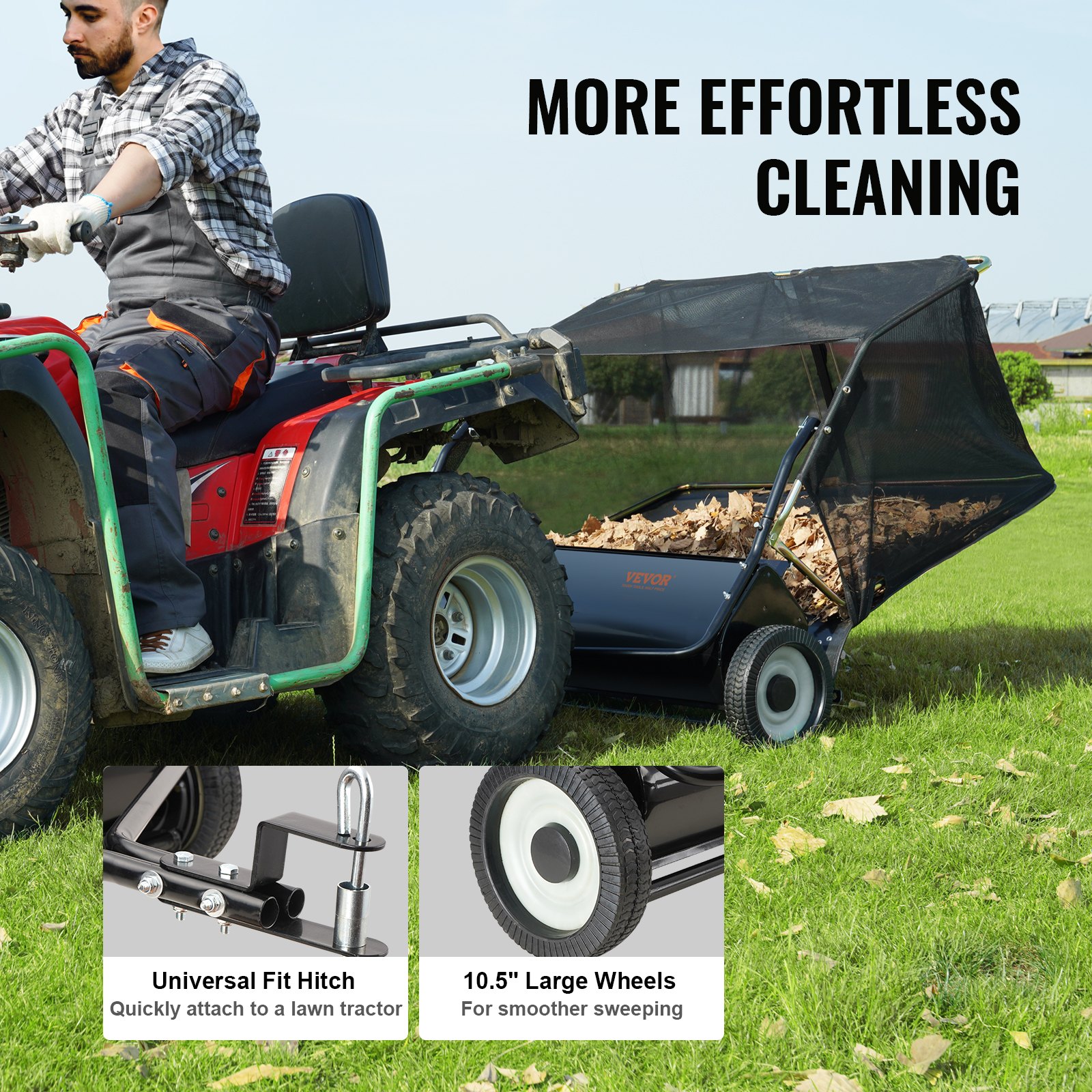 48 Inch Tow Behind Lawn Sweeper, Large Capacity Heavy Duty Leaf & Grass