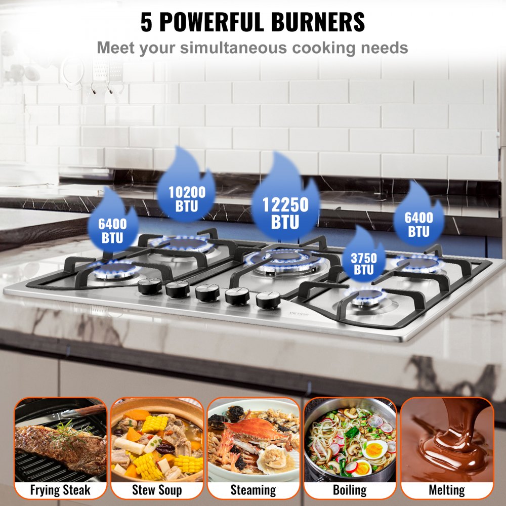30-inch Gas Cooktop, 5 Burners Built-in Gas Stove Top, Max 12250BTU NG/LPG Convertible Stainless Steel Natural Gas Hob, with Thermocouple Protection for Camping, RV, Apartment | US 30-inch Gas Cooktop, 5 Burners Built-in Gas Stove Top, Max 12250BTU NG/LPG Convertible Stainless Steel Natural Gas Hob, with Thermocouple Protection for Camping, RV, Apartment | US