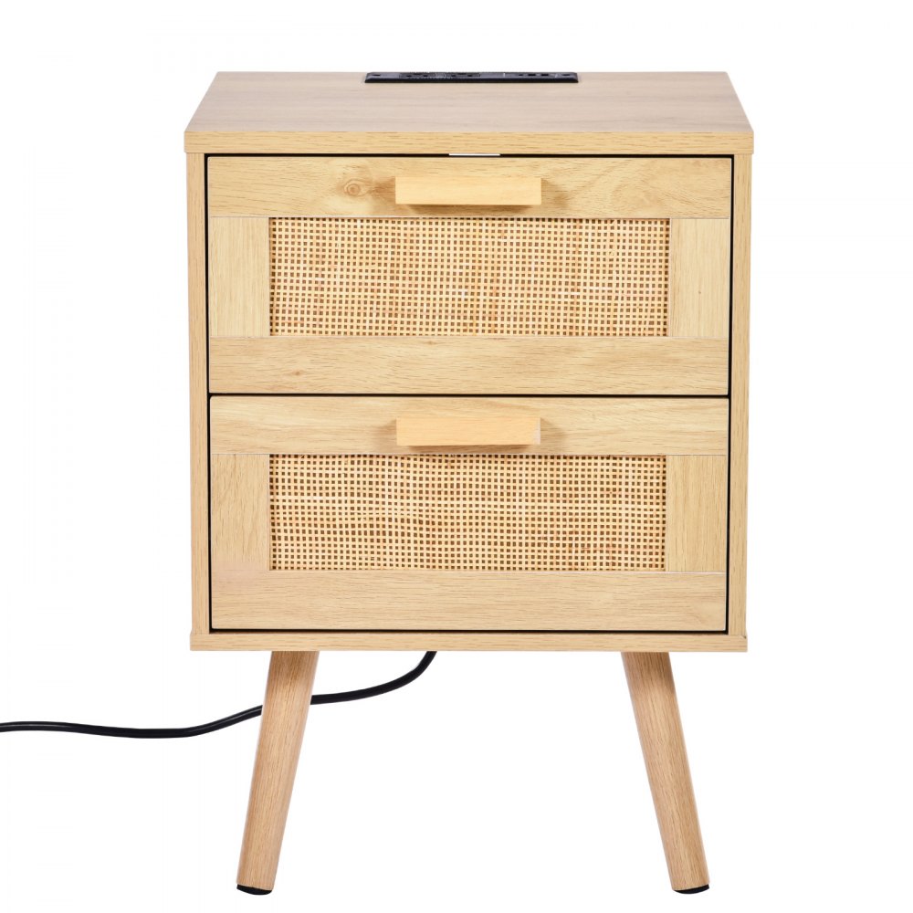 VEVOR Rattan Nightstand With Drawers – 2 Drawers, USB-C