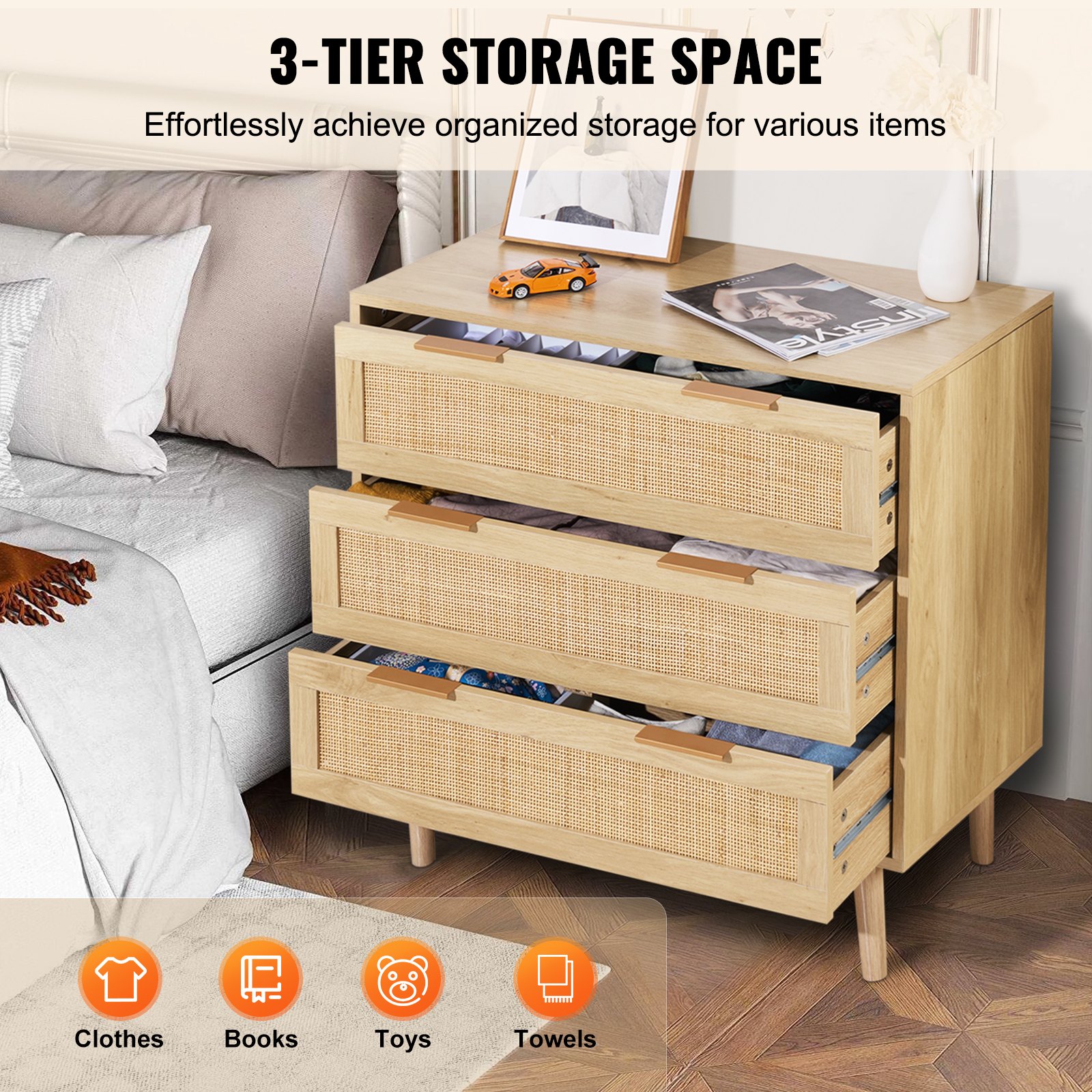 VEVOR Rattan 3 Drawer Chest – 30 lbs Capacity, 10 lbs each