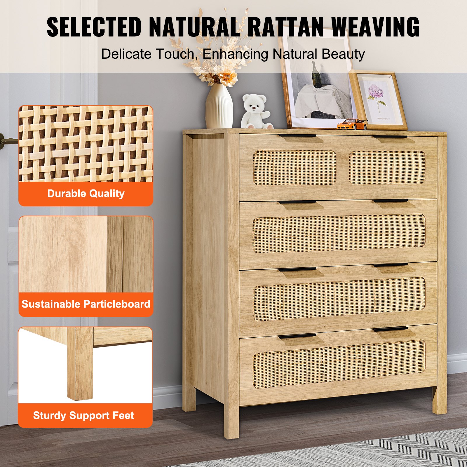VEVOR 4 Drawer Rattan Dresser, Boho Dresser, Rattan Chest of Drawers ...
